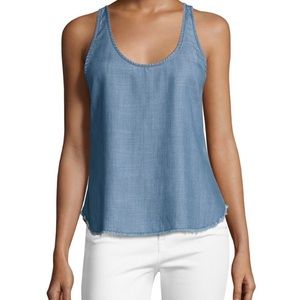 FRAME Denim Blue Jean Raw Hem Chambray Sleeveless Racerback Tank Top Shi…